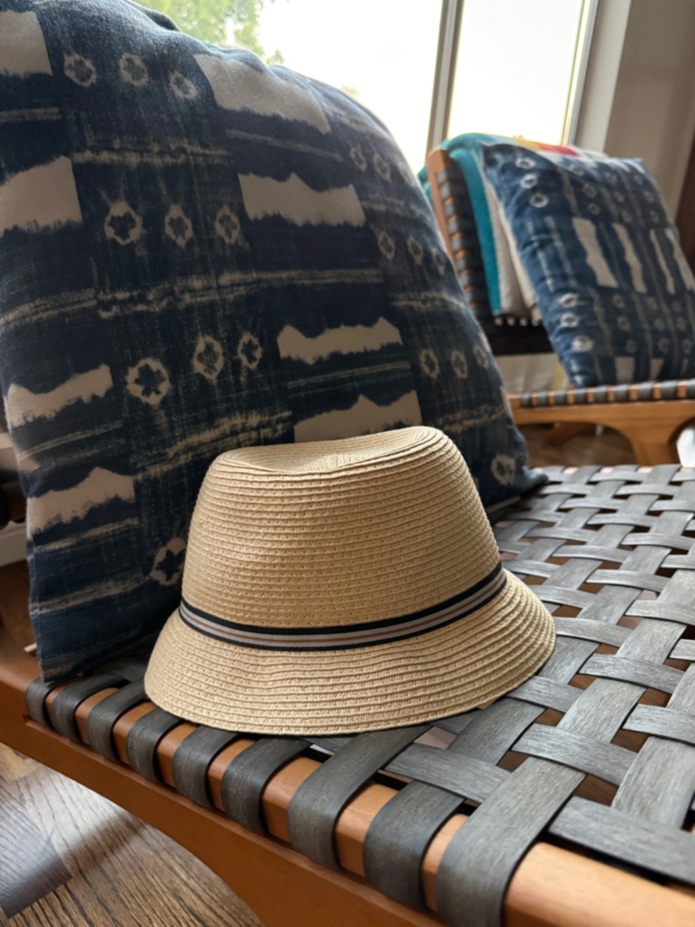 Christy’s Classic Straw Bucket Hat with Navy Stripe